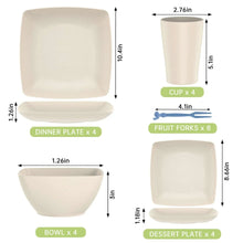 Wheat straw dinnerware set size chart with square plates, bowls, and cups