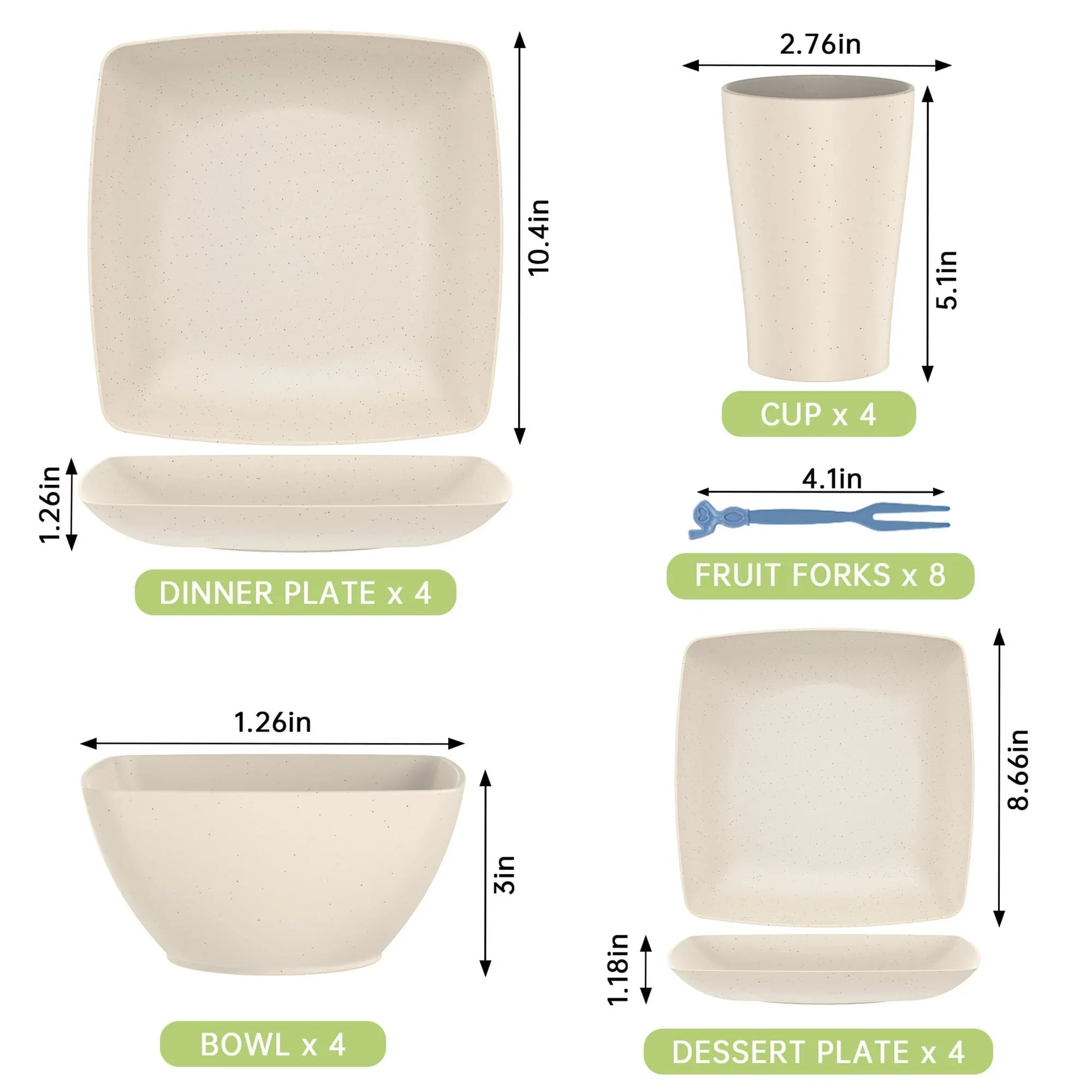 GPED 24 Pcs Wheat Straw Square Dinnerware Sets For 4, Unbreakable Dish Sets, Reusable Plates and Bowls Sets, Dinner Plates, Travel Camping Cutlery Set, Dishwasher Microwave Safe, Beige