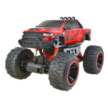 Red 1:10 RC monster truck with 4x4 styling, exposed suspension, and big tread tires