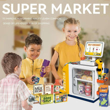 Pretend play cash register with self checkout screen, yellow scanner, and storage window