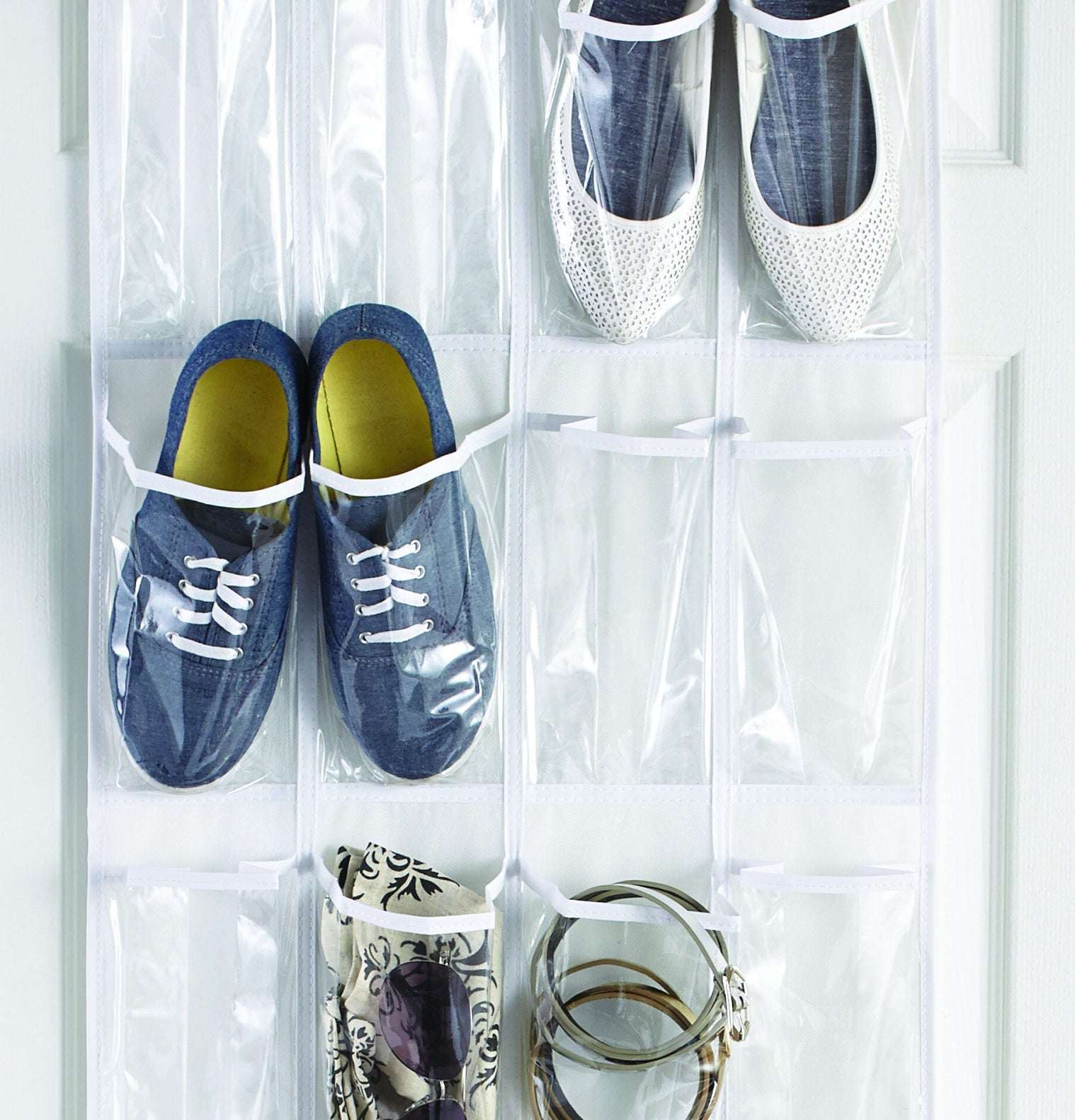 Mainstays 24 Pocket Clear Over the Door Non Woven Closet Shoe Organizer Shelf - Arctic White