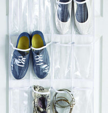 Clear over-the-door shoe organizer pockets filled with sneakers and dress shoes