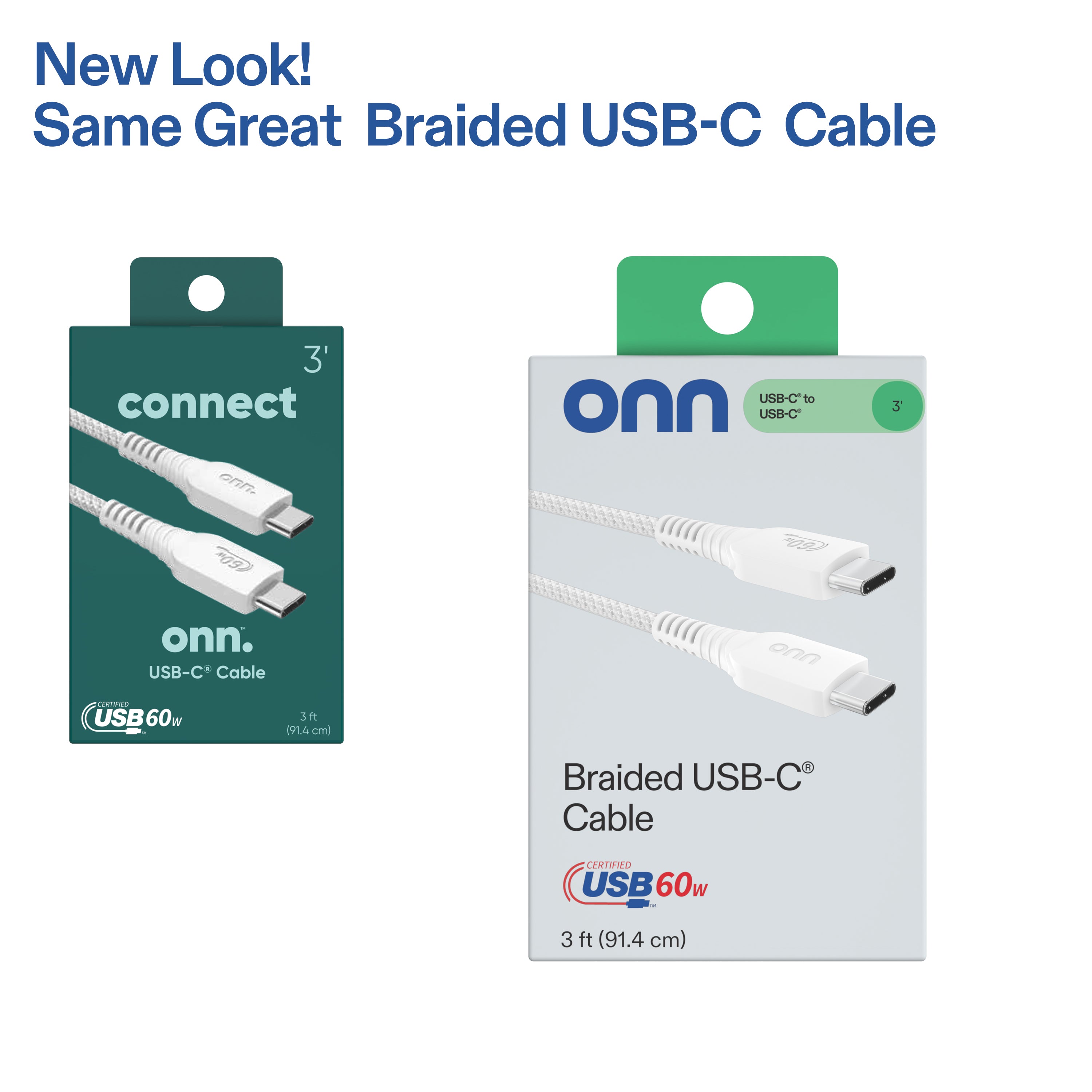 onn 3ft USB-C To USB-C Braided Charging Cable, Fast Charging, USB-IF Certified, White - Compatible with iPhone 17/16/15 Series, Samsung Galaxy, Note, Pixel Devices iPad Pro, & More