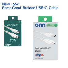 onn. braided USB-C cable retail package, white 3 ft