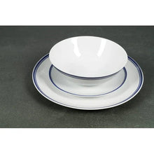 White ceramic plate and bowl set with blue double-ring rim detail