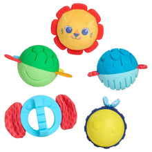 Six animal sensory balls: yellow lion, green turtle, blue shell, red-and-blue ball