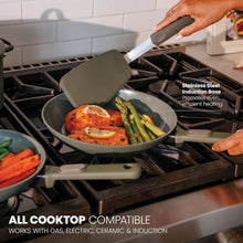 Moss green ceramic non-stick fry pan on gas burner with meat and asparagus
