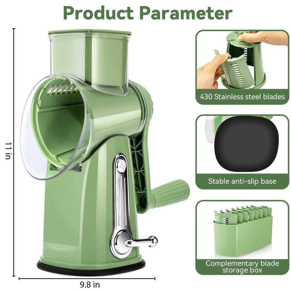 Pukomc Rotary Cheese Grater with Handle- 5 Blades, Suction Base, Mandoline Slicer & Veg Shredder with Blade Storage Box(Green) - USA MEGA SHOP