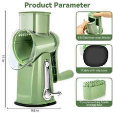 Green rotary cheese grater with stainless steel blades, anti-slip base, and storage box