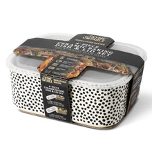 4-piece ceramic baking dish set packaging with dot pattern and clear lids