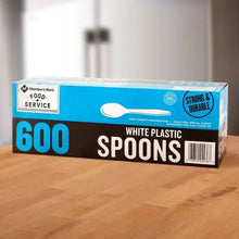 White plastic spoons 600-count box with food-service label