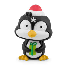 Penguin audio toy figurine wearing a red Santa hat and holding a green gift