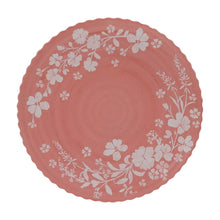 Pink floral melamine dinner plate with scalloped rim and white flower vine pattern