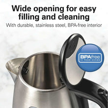 Stainless steel electric kettle with wide open lid and black exterior handle