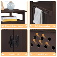 Espresso cat litter box end table hardware details: hanging bar, latch, vent holes