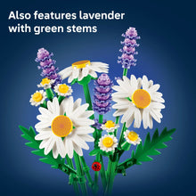 Daisy building model with white daisies, lavender stems, green leaves, and a ladybug