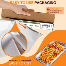 Aluminum foil roll in cardboard box with serrated cutting edge for easy use