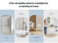 Versatile shower stool with round seat and adjustable legs, blue anti-slip rubber feet