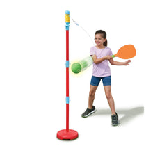Standing ball launcher with red pole and blue reel, paired with orange paddle