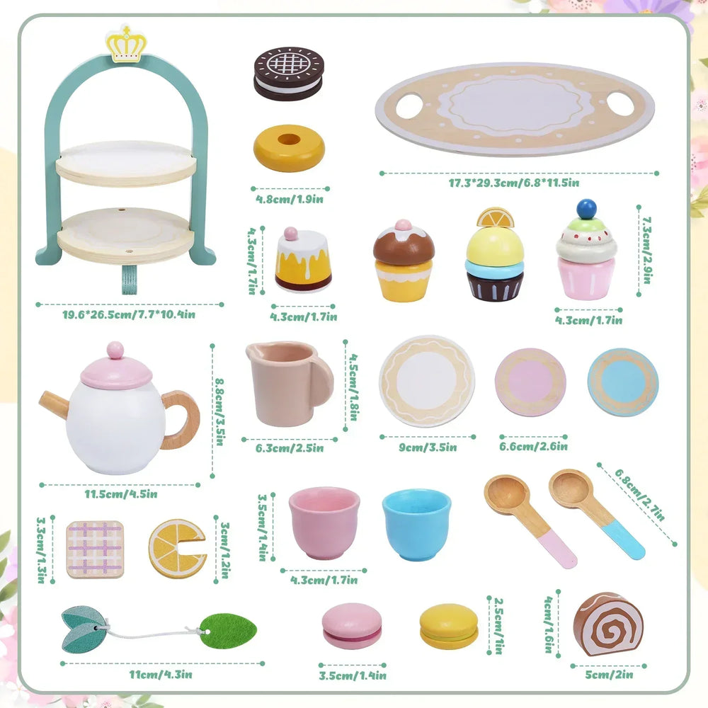 JoyStone Wooden Tea Party Set for Toddlers, Pretend Play Tea Sets for Kids with Storage Cupcake Stand, Wooden Toys Gifts for Girls & Boys - USA MEGA SHOP