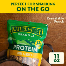 Resealable protein granola pouch, Nature Valley oats & honey, 11 oz, green and yellow front.