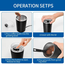 Black electric coffee grinder with lid and one-touch start button