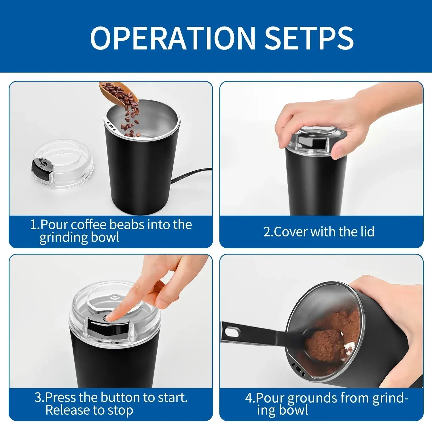 TINANA Electric Coffee Grinder 200W, One-Touch Coffee Bean and Spice Grinder with Cleaning Brush, 2.8oz Capacity, Stainless Steel Blade, Black