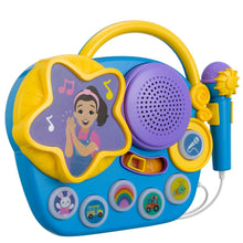 Blue children’s karaoke boombox with purple speaker, song panel, and yellow microphone.