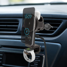 Car vent wireless charger mount holding smartphone and watch charging base