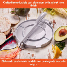 Gray cast aluminum tortilla press with circular plate and central handle