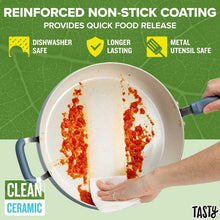 Blue ceramic non-stick cooker pan interior with visible food residue for easy cleaning
