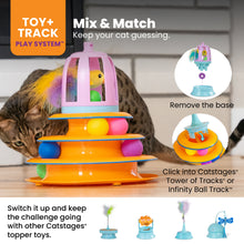 Purple bird cat toy topper that clicks onto an orange ball-track tower, with removable base