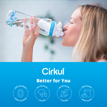 Person drinking from a Cirkul clear plastic water bottle with a flavor cartridge