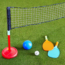 Garden paddle ball game set with net, red and blue posts, ball, and paddles