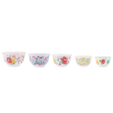 Melamine mixing bowl set of five with assorted floral prints and white interiors