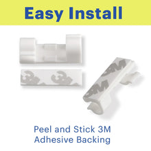 Peel-and-stick adhesive cable management clips with backing and one clip shown.