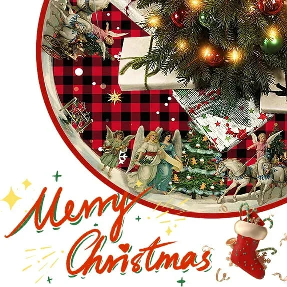 Christmas Tree Skirt, New Year Xmas Deco, 48 Inches Large Christmas Tree Skirts Snowflake Red and Black Plaid Stamp for Christmas Tree Decorations - USA MEGA SHOP