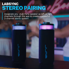Pair of compact portable speakers with RGB top lights and textured black bodies for stereo.