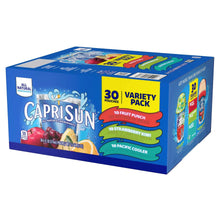 Capri Sun 30 variety pack box with flavor labels for fruit punch, strawberry kiwi, pacific cooler