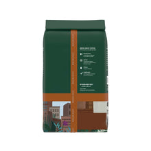Back of medium roast ground coffee bag with Starbucks Rewards and brew details