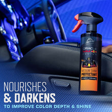 Car interior protectant spray bottle beside a leather car seat