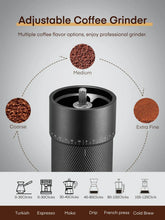 Adjustable manual coffee grinder with dial settings for coarse to extra-fine grinds