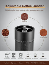 Adjustable manual coffee grinder with grind dial and conical burr chamber, black body
