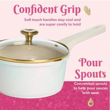 Iridescent white covered pot with gold-tone knob and white stay-cool handle