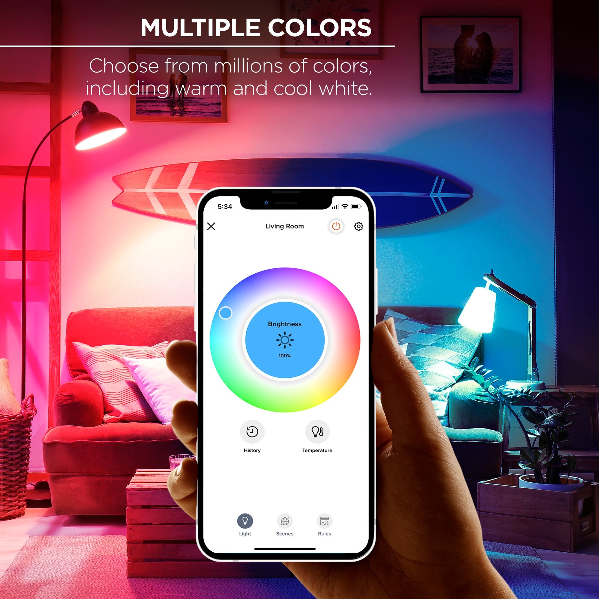 Merkury Smart LED Bulbs - 9W (60W Eqv) RGBW Dimmable A19 Light, E26 Base (4-Pack)
