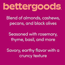 bettergoods label card for Olive and Herb Mixed Nuts, listing savory blend and seasonings