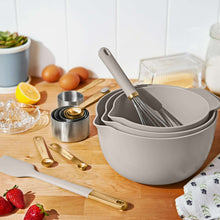 Porcini taupe mix & measure set on countertop with nesting bowls and whisk