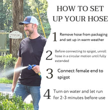 Medium-duty garden hose being set up and connected, with water running from the nozzle.