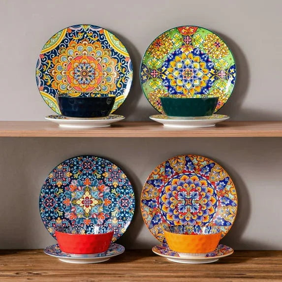 Malacasa 12 Pcs Dinnerware Sets, Ceramic Plates and Bowls Set, Porcelain Tableware Dishwasher Microwave Safe, Serves for 4 People, Bohemian Colourful