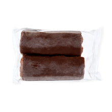 Packaged crème-filled Swiss roll snack cakes, two dark rolls in wrapper